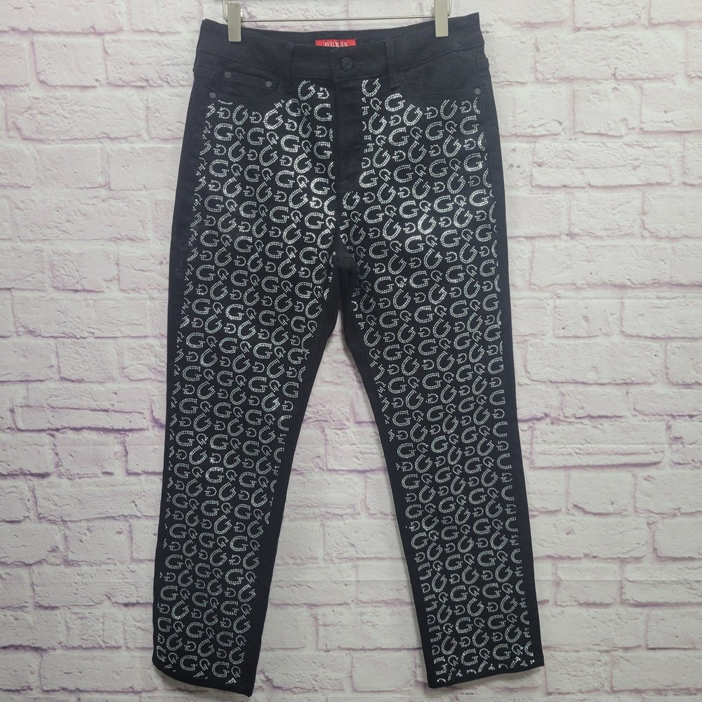 GUESS Girly G-Stone Rhinestone Jeans Womens 30x28 Straight High Black Y2K